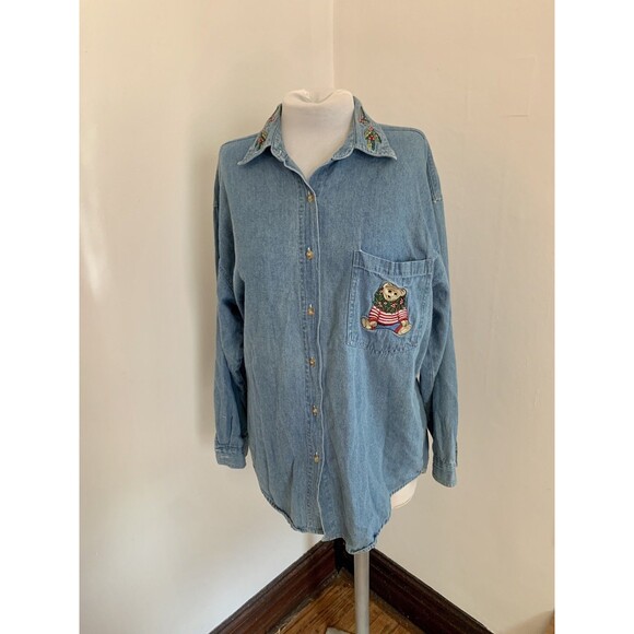 VTG Quizz NY Embroider Christmas Teddy Bear Jean Denim VTG Top Holly Polo Ralph - Picture 1 of 11